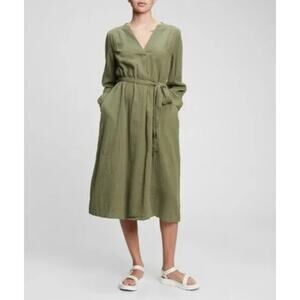 Gap Crinkle Gauze Tie-Waist Midi‎ Dress Desert Cactus Green Size Medium